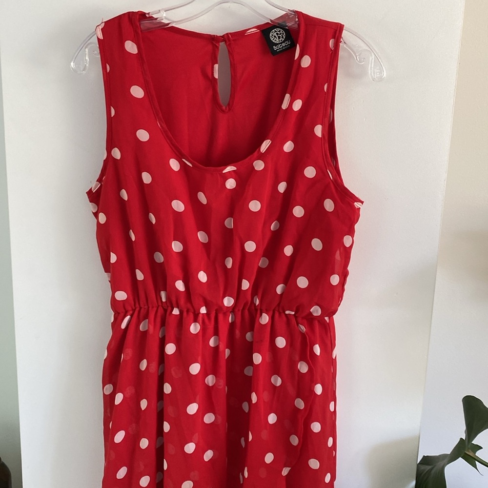 BOBEAU red white polka dots sheer chiffon dress L